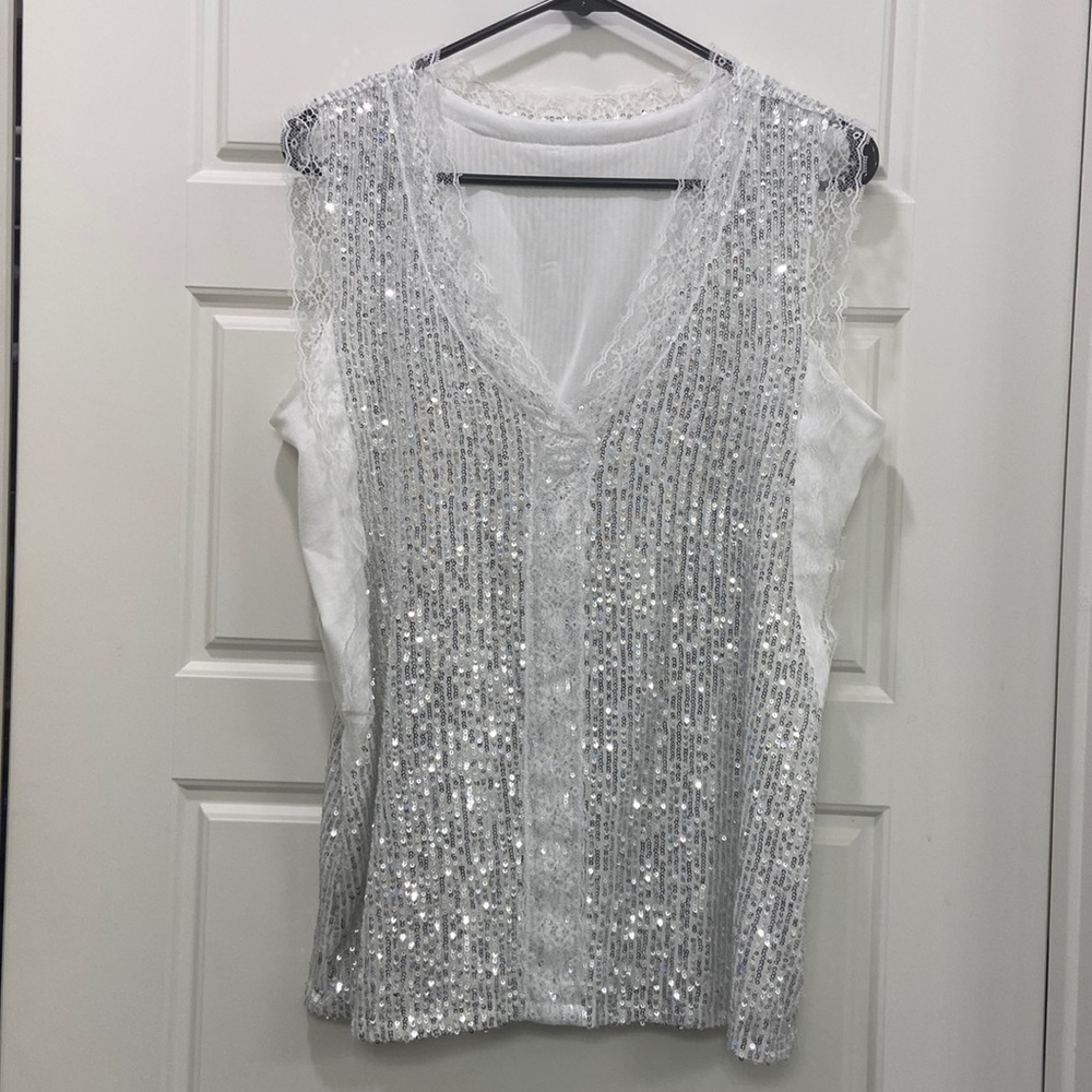 White Sequin Lace V-Neck Sleeveless Blouse